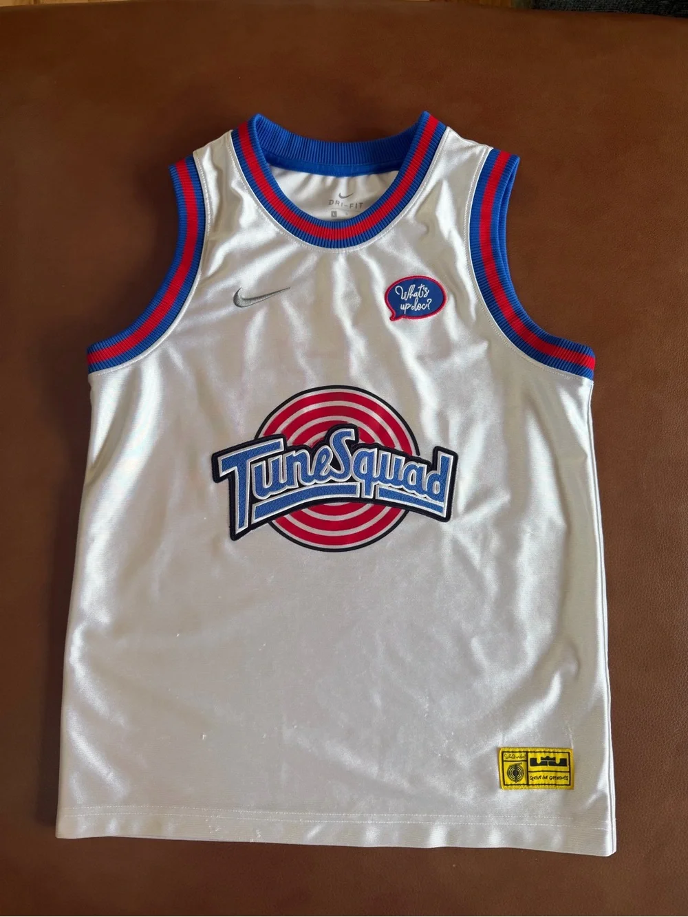 Nike Men’s Dri-FIT White Jersey with Blue and Red Trim.  LeBron James, TuneSquad
